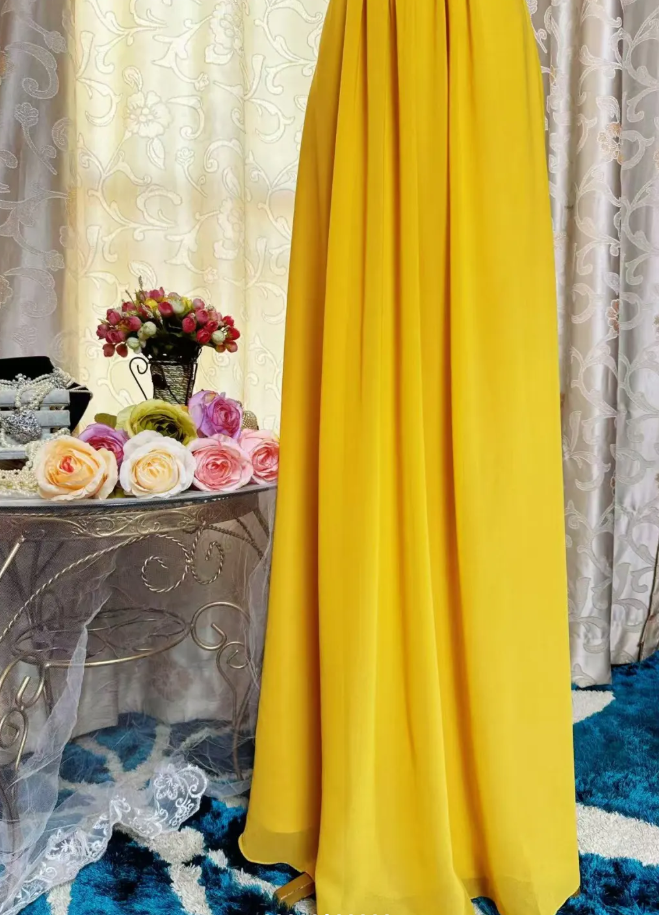 Vintage V Neck Yellow Chiffon Beaded A Line Long Party Dress Prom Dress SP1951