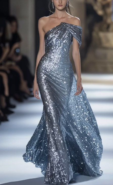 Glitter One Shoulder Sequins Mermaid Prom Dress Long Evening Dress Y8349