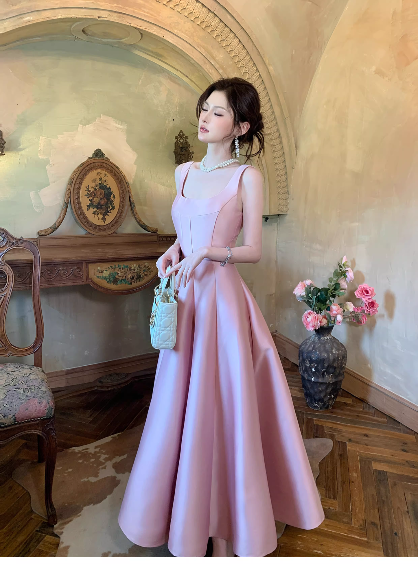 Elegant Pink Sleeveless Satin A Line Long Birthday Evening Dress Formal Wedding Guest Dress SP1652