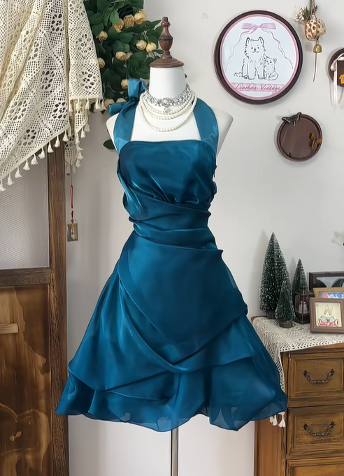 Unique Peacock Blue Halter Pleated A Line Homecoming Dress Cocktail Dress Y8891