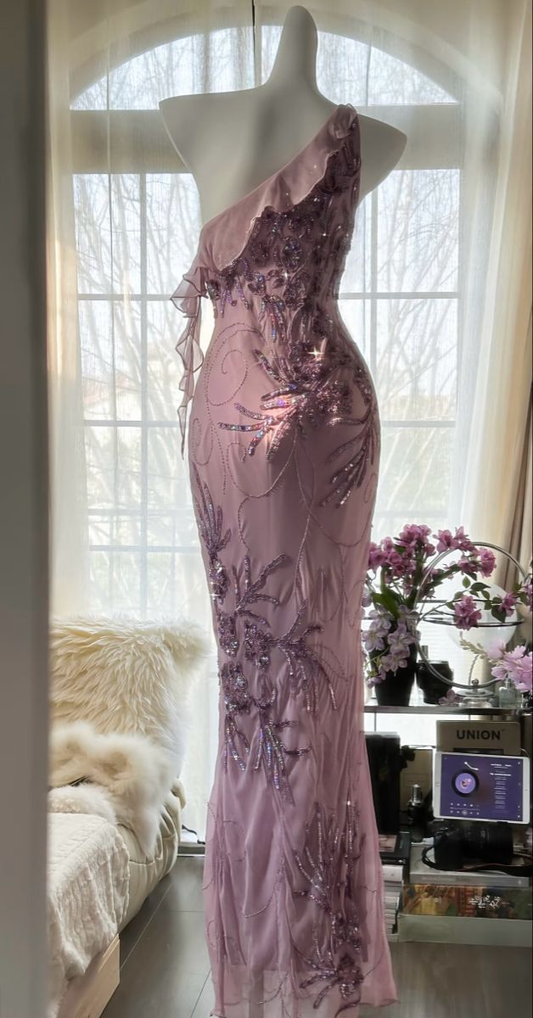 Sexy Purple Beaded Chiffon Prom Dress,One Shoulder Sheath Evening Dress Y8759
