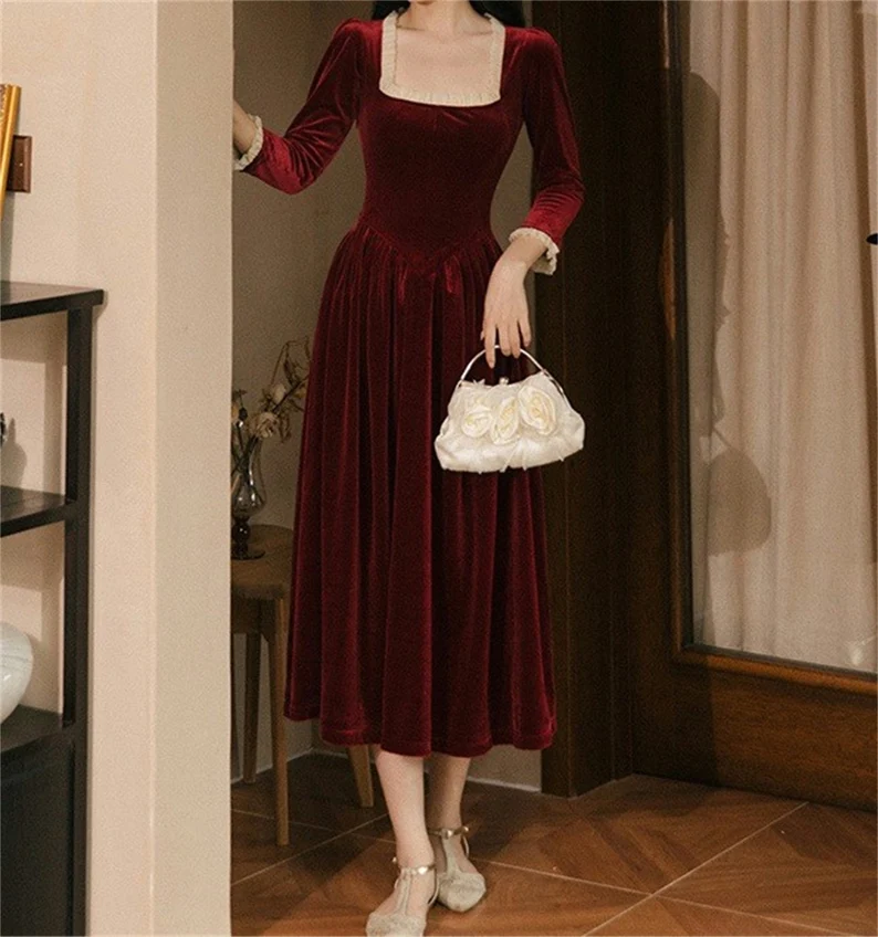 Square Neck Velvet Dress,French Vintage Red Dress,Autumn Winter Long S Simplepromdress Square Neck Velvet Dress,French Vintage Red Dress,Autumn Winter Long S Simplepromdress