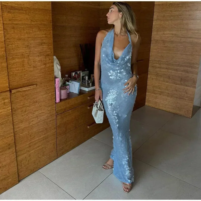 Elegant Light Blue Sequin Sheath Mermaid Evening Dress Halter Party Dress Y8712