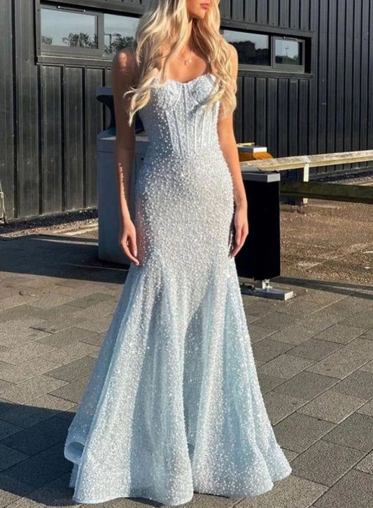 Gorgeous Sequins Beaded Mermaid Evening Dress,Blue Straps Prom Dress Y8444
