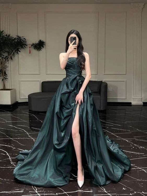 Vintage Green Strapless Satin Party Dress,Formal A Line Prom Evening Dress Y8350