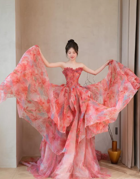 Elegant Strapless Tulle Print Floral Wedding Dress,Formal Prom Evening Dress Y8540