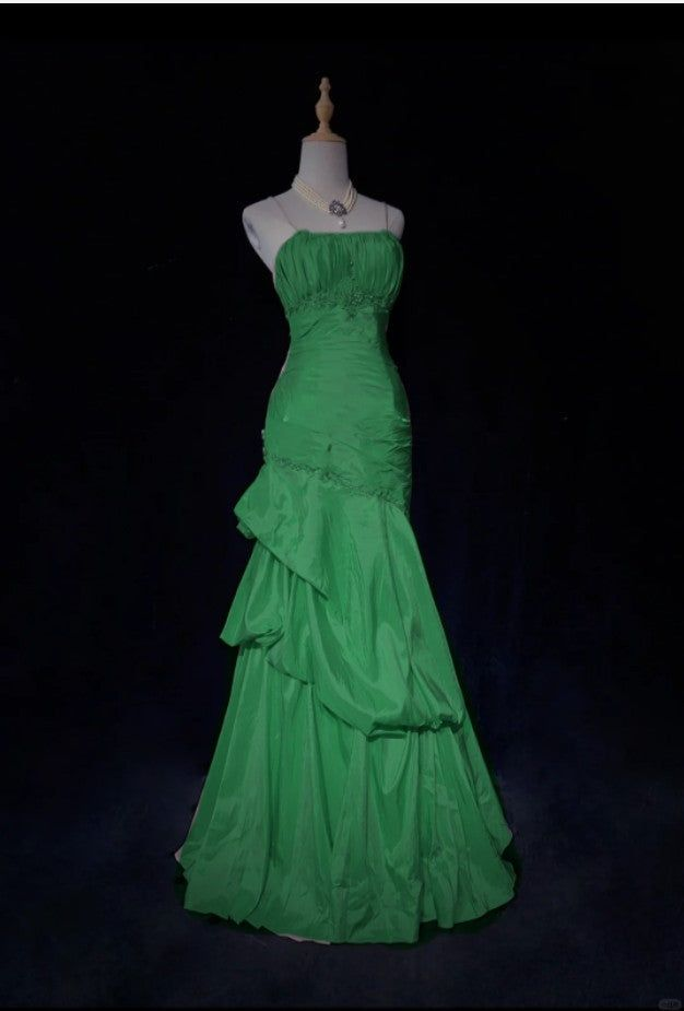 Gorgeous Spaghetti Straps Satin Pleated Beaded Evening Dress,Pink Mermaid Prom Dress Y8744