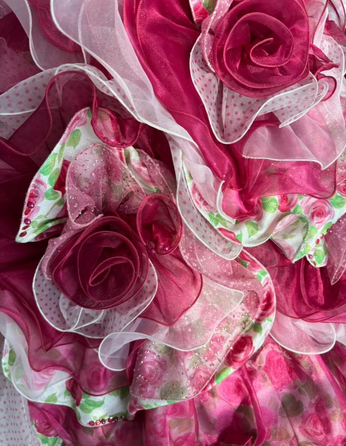 Pretty Strapless Rose Pink Satin Floral Beaded Tulle Layered Ball Gown Sweet Quinceanera Dress With Beaded SP1454