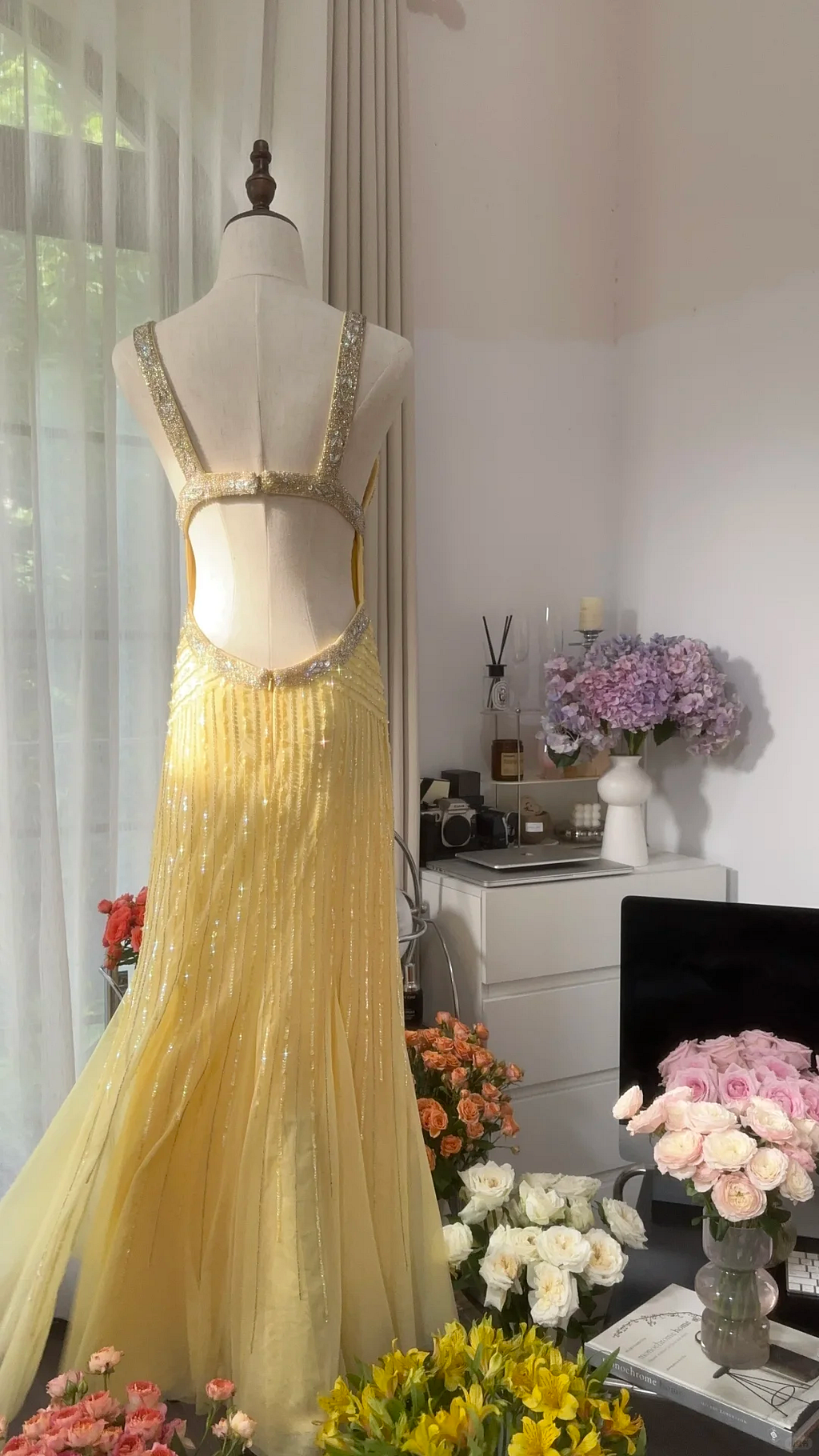Shiny Yellow Chiffon Sequin Mermaid Long Backless Evening Dress Party Dress Wedding Guest Y9792
