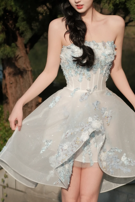 Classy Strapless Organza Appliques A Line Short Formal Graduation Homecoming Dress White Birthday Outfits Y9344