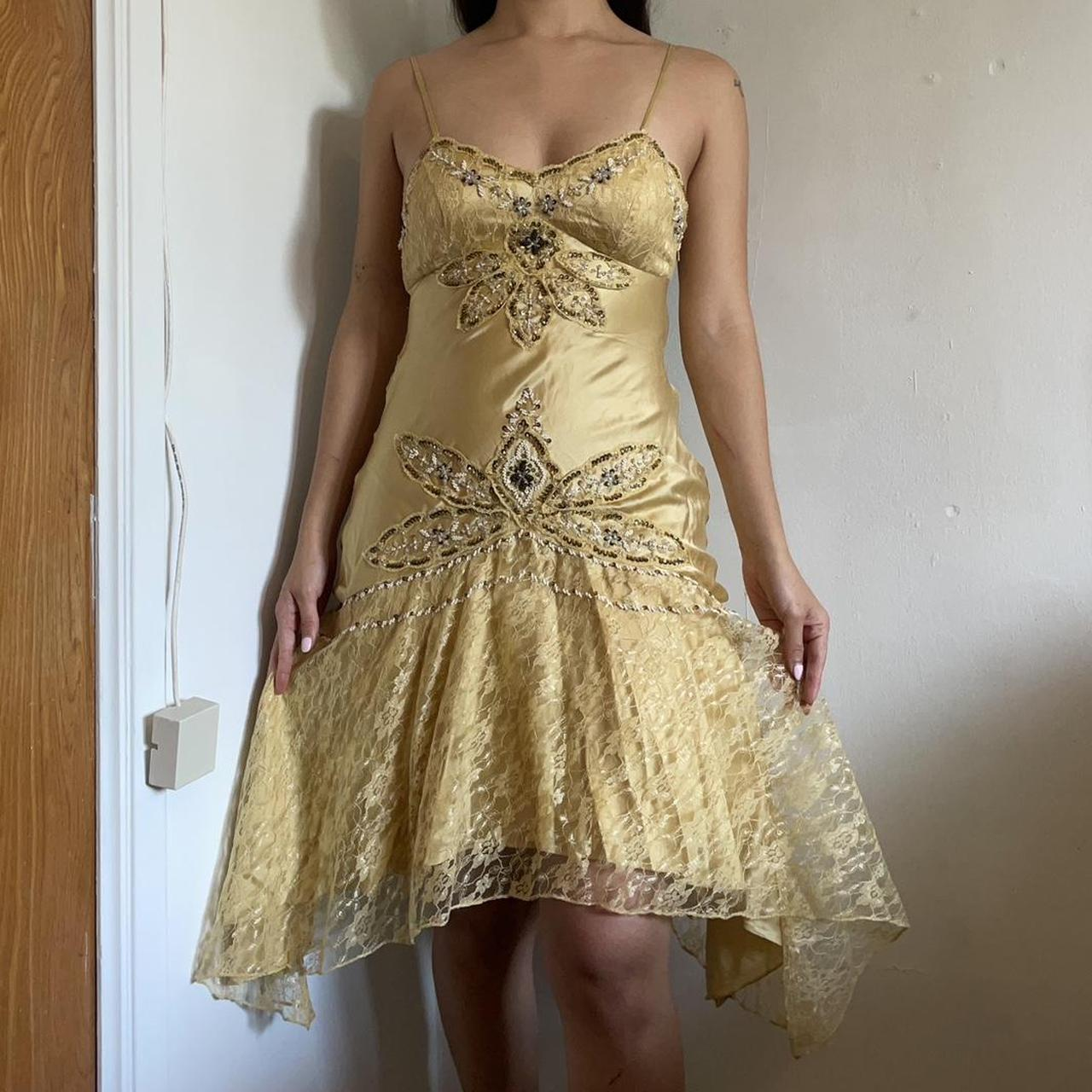 Vintage Gold Satin Lace Beaded Homecoming Dress Spaghetti Straps Mini Cocktail Dress Y8956