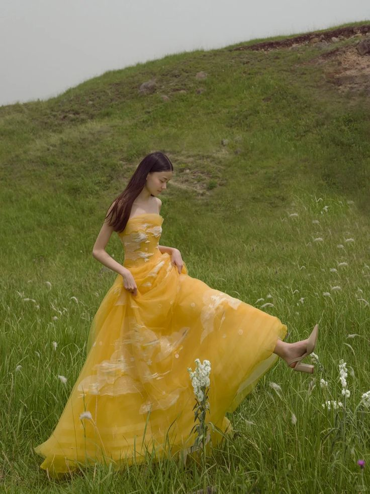 Classy Yellow Strapless Tulle Long Wedding Guest Evening Dress SP1191