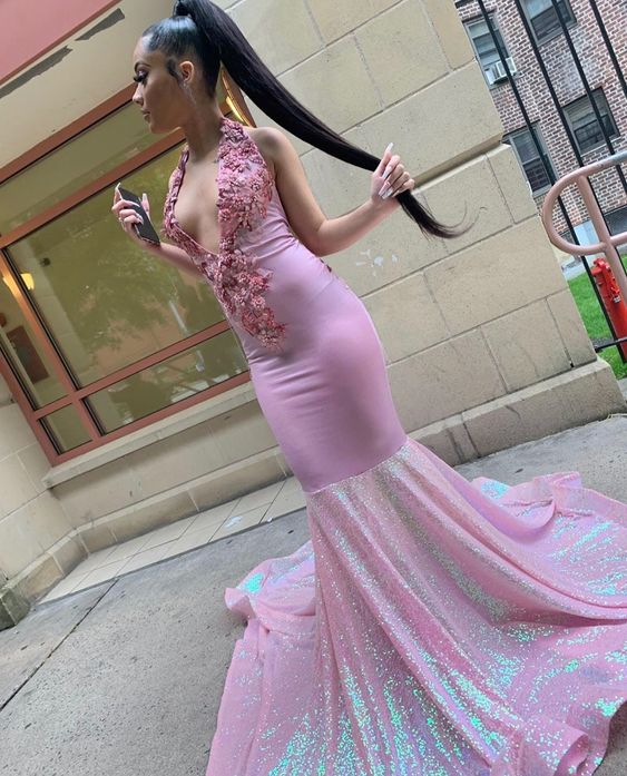 Pink Halter Neck Long Prom Dress For Black Girls Appliques Birthday Pa Simplepromdress Pink Halter Neck Long Prom Dress For Black Girls Appliques Birthday Pa Simplepromdress
