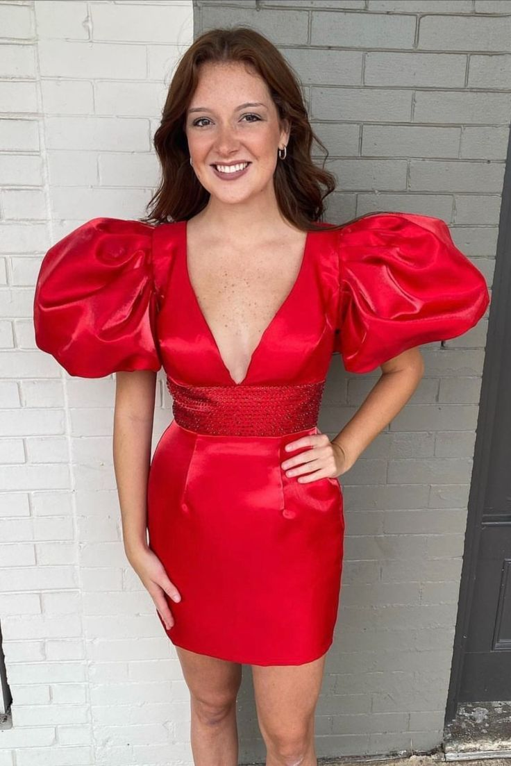 Red Satin Homecoming Dress with Puff Sleeves,Red Party Dress Y2296 Simplepromdress Red Satin Homecoming Dress with Puff Sleeves,Red Party Dress Y2296 Simplepromdress