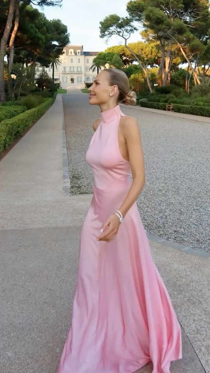 Elegant Sleeveless Halter Pink Satin A Line Long Party Gown Formal Wedding Guest Dress SP546