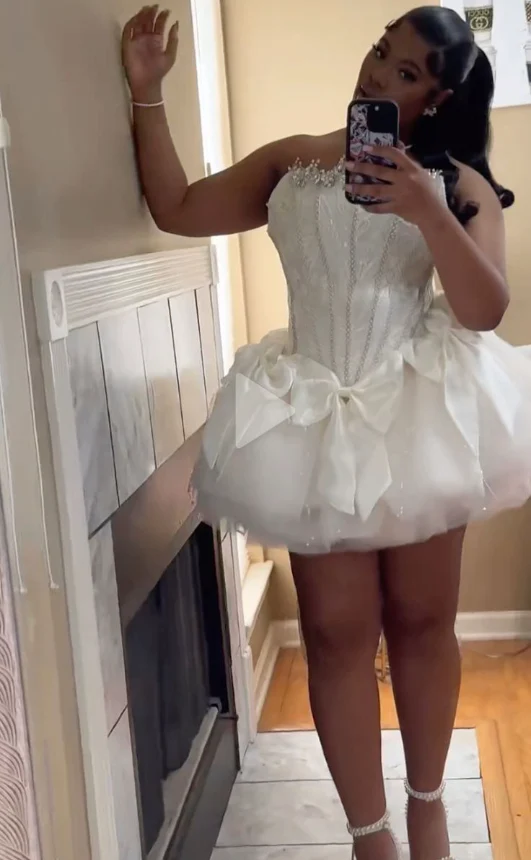 Pretty Strapless White Tulle Beaded A Line Short Homecoming Dress Formal Birthday Outfits Y9485