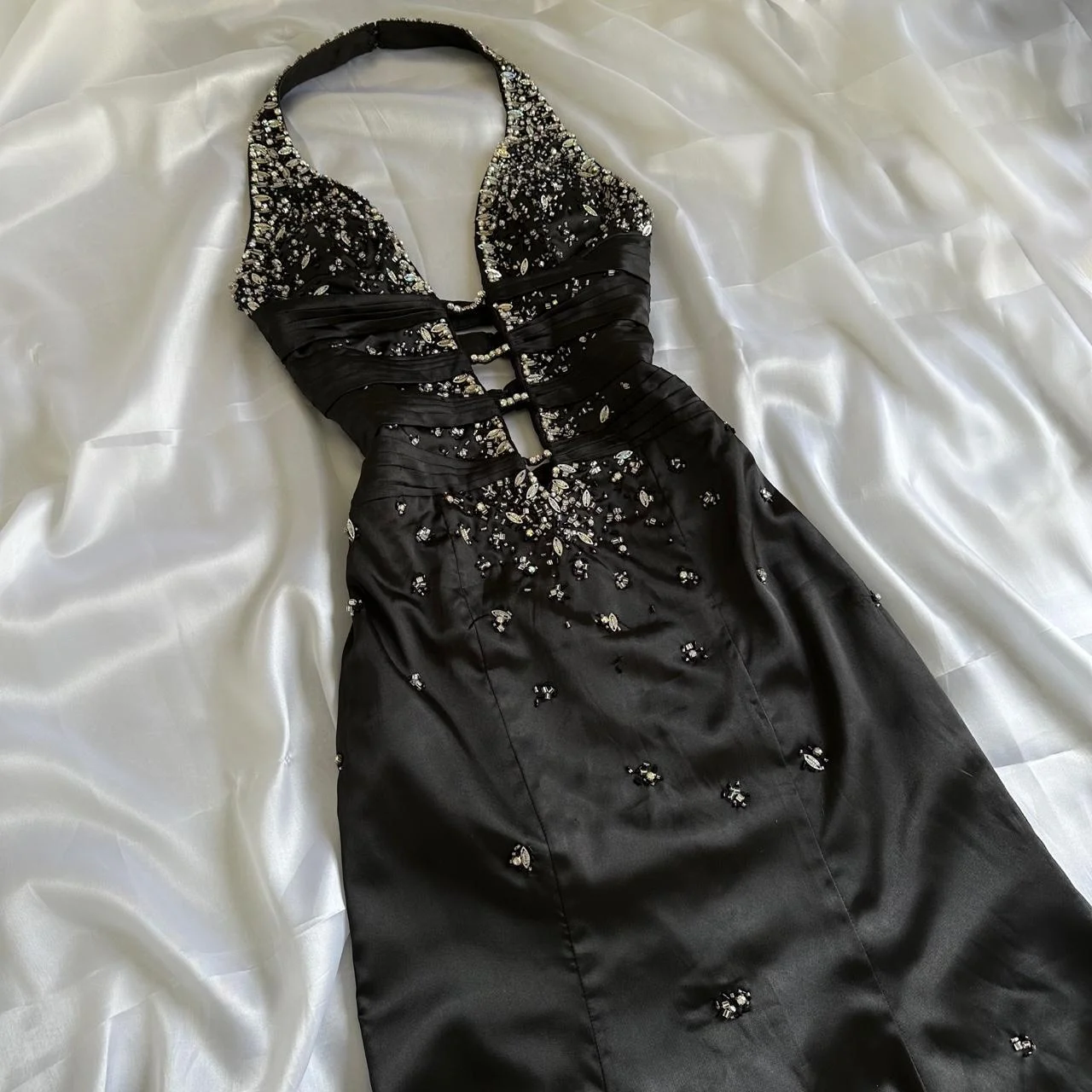 Stylish Black Satin Beaded Mermaid Long Evening Dress Birthday Party Dress Y9771