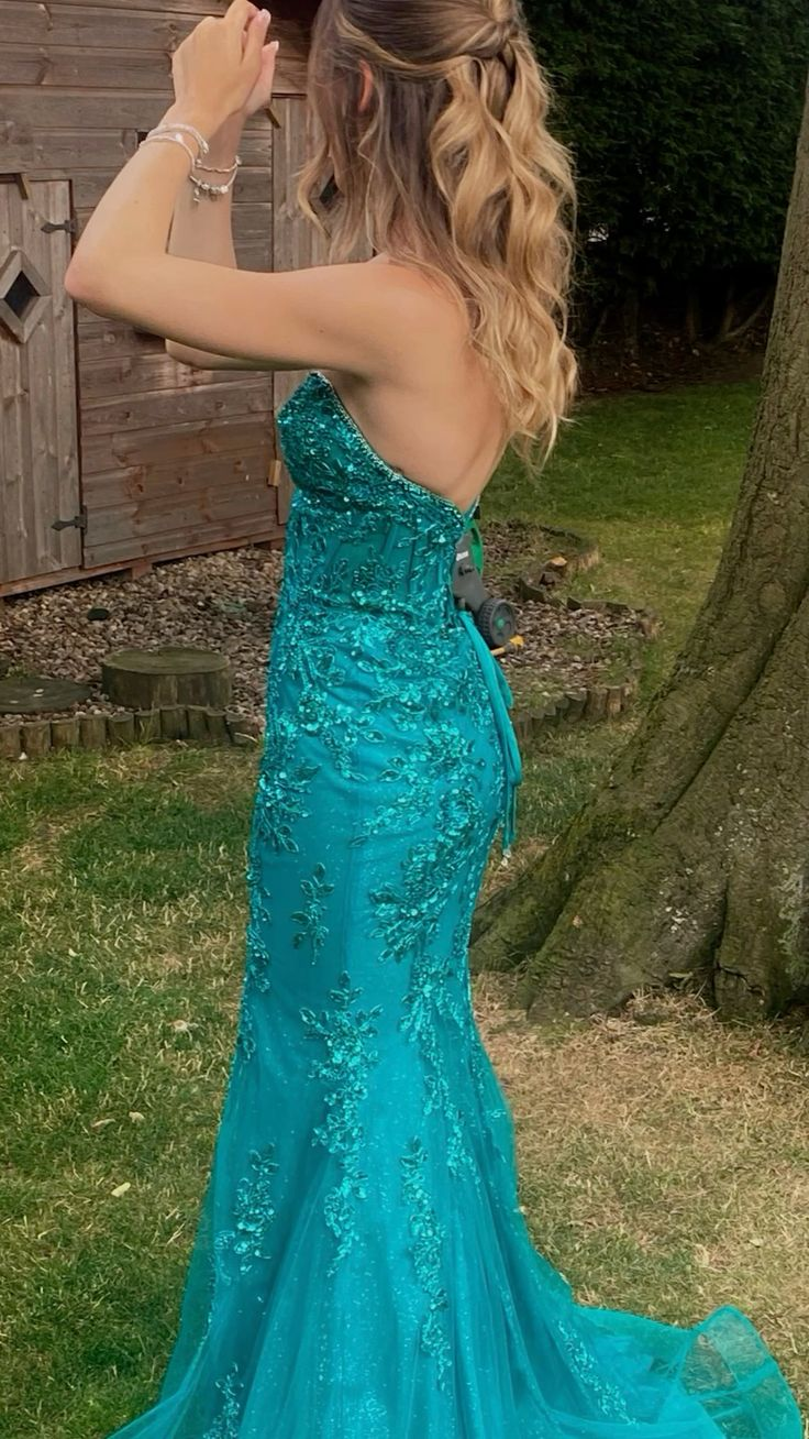 Classy Green Strapless Tulle Appliques Mermaid Evening Dress Formal Birthday Outfits SP618