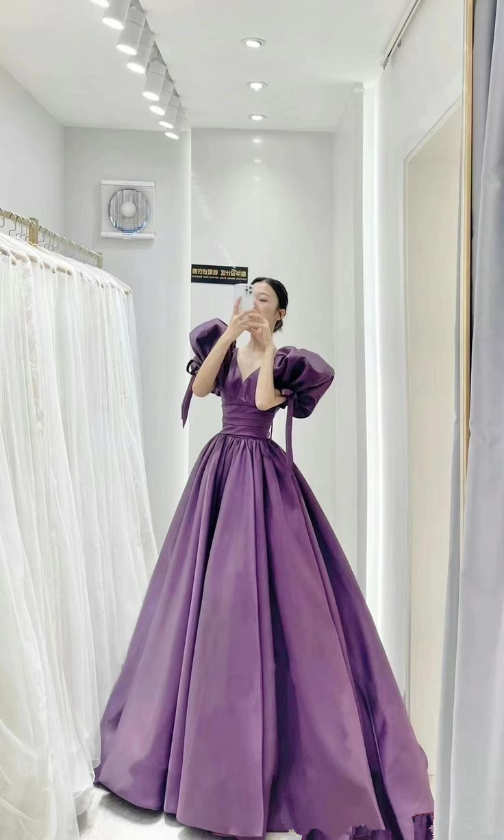 Satin Purple Puffy Sleeves Corset Prom Dress Pageant Party Dress Gala – Simplepromdress Satin Purple Puffy Sleeves Corset Prom Dress Pageant Party Dress Gala – Simplepromdress