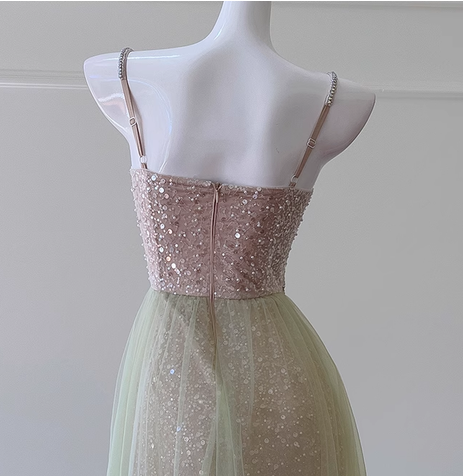 Sparkly Light Green Tulle Sequins Spaghetti Straps Homecoming Dress Y8825