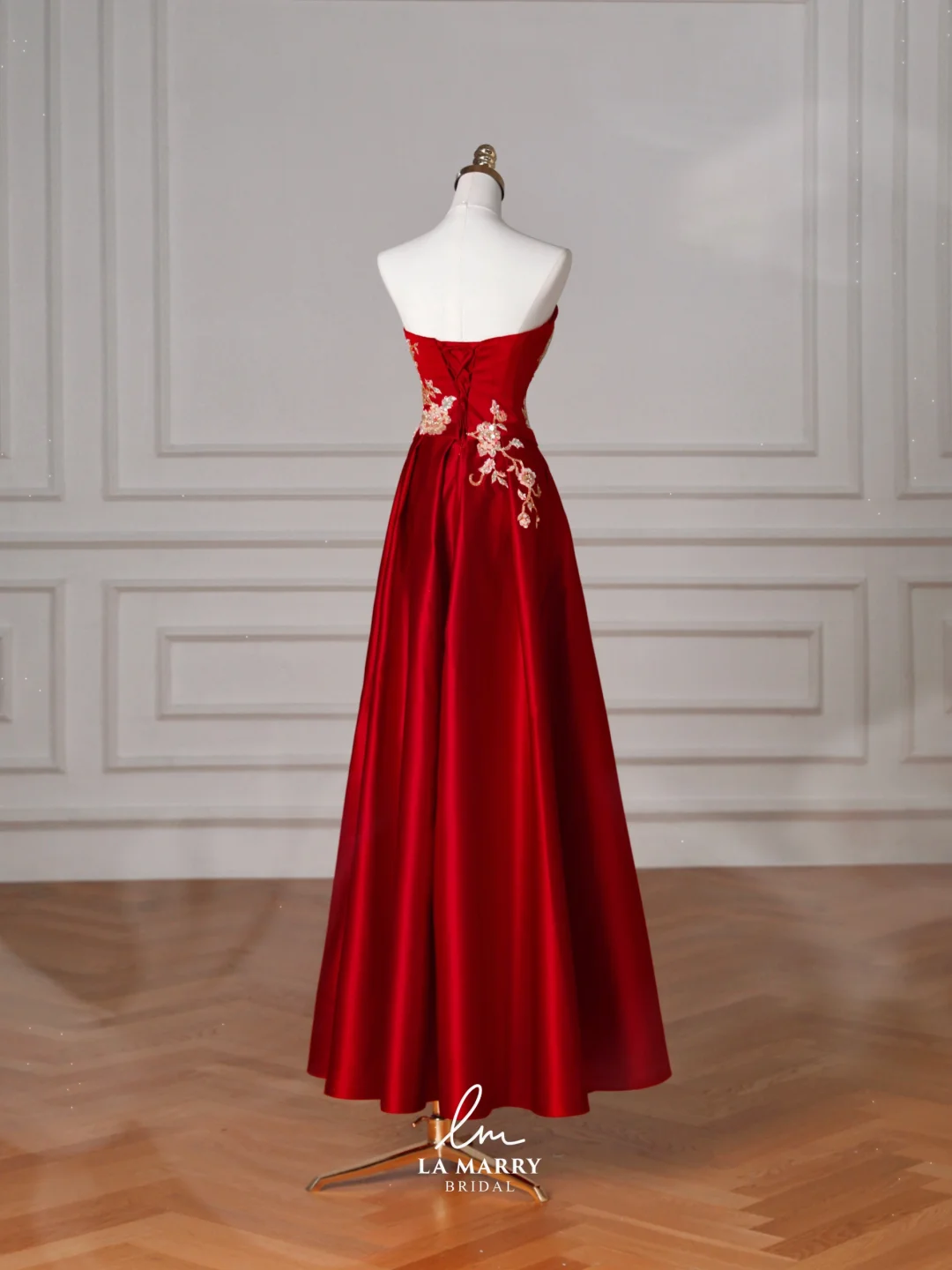 Gorgeous Red Satin Sequin Embroidery A Line Prom Dress,Strapless Evening Dress Y8631