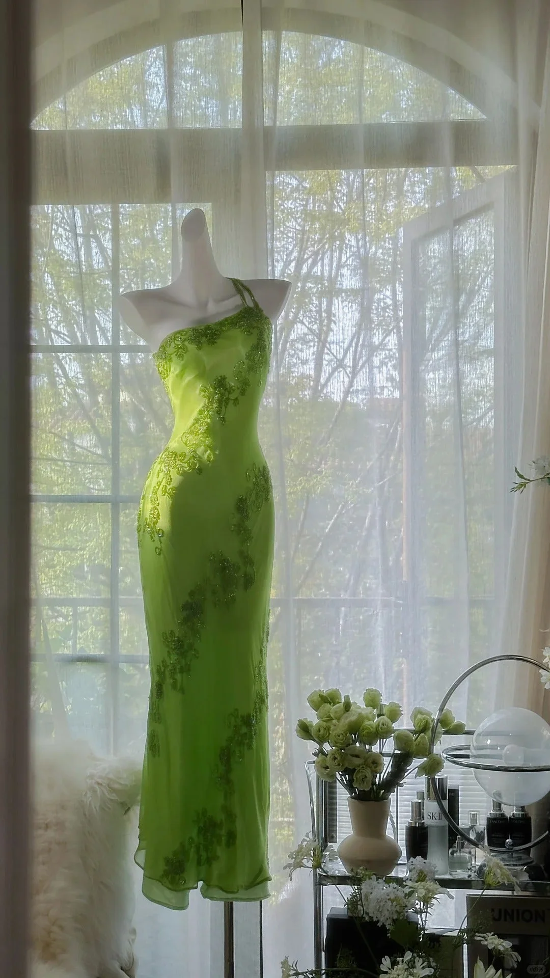 Fashion Green One Shoulder Chiffon Beaded Long Evening Dress Birthday Party Dress Y9793