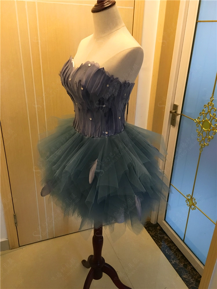 Vintage Strapless Blue Tulle Feathers A Line Short 20th Birthday Outfits Formal Homecoming Dress Y9561
