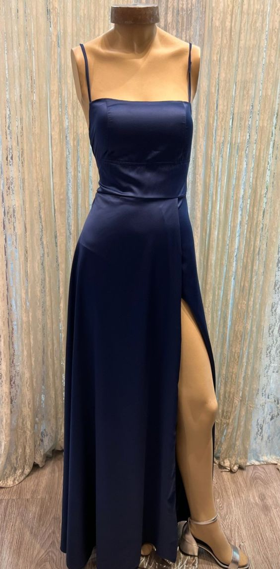 reformation prom dress Classic A-line Navy Blue Prom Dress With Split,Simple Evening Dress Fo – Simplepromdress
