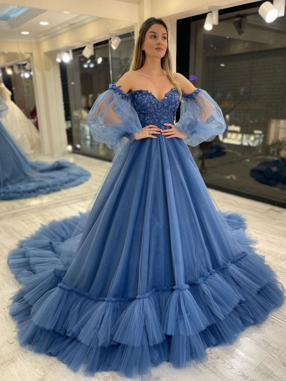 Sweetheart Neck Tulle Blue Prom Dress, Puff Sleeves Long Blue Formal E Simplepromdress Sweetheart Neck Tulle Blue Prom Dress, Puff Sleeves Long Blue Formal E Simplepromdress