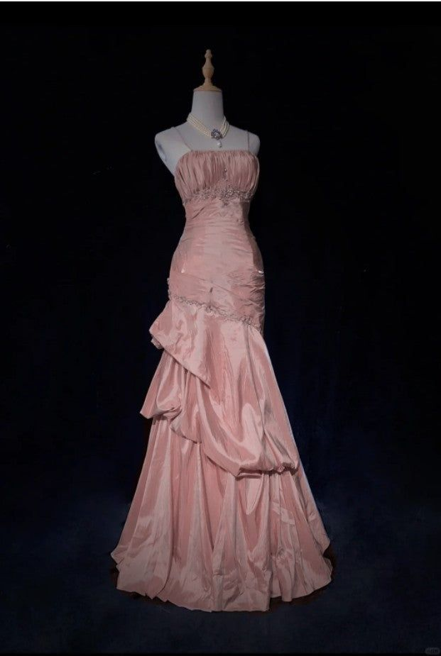 Gorgeous Spaghetti Straps Satin Pleated Beaded Evening Dress,Pink Mermaid Prom Dress Y8744