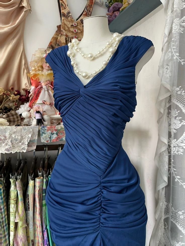 Vintage Mermaid Navy Blue Pleated Floor Length Party Dress Prom Dress Y8760