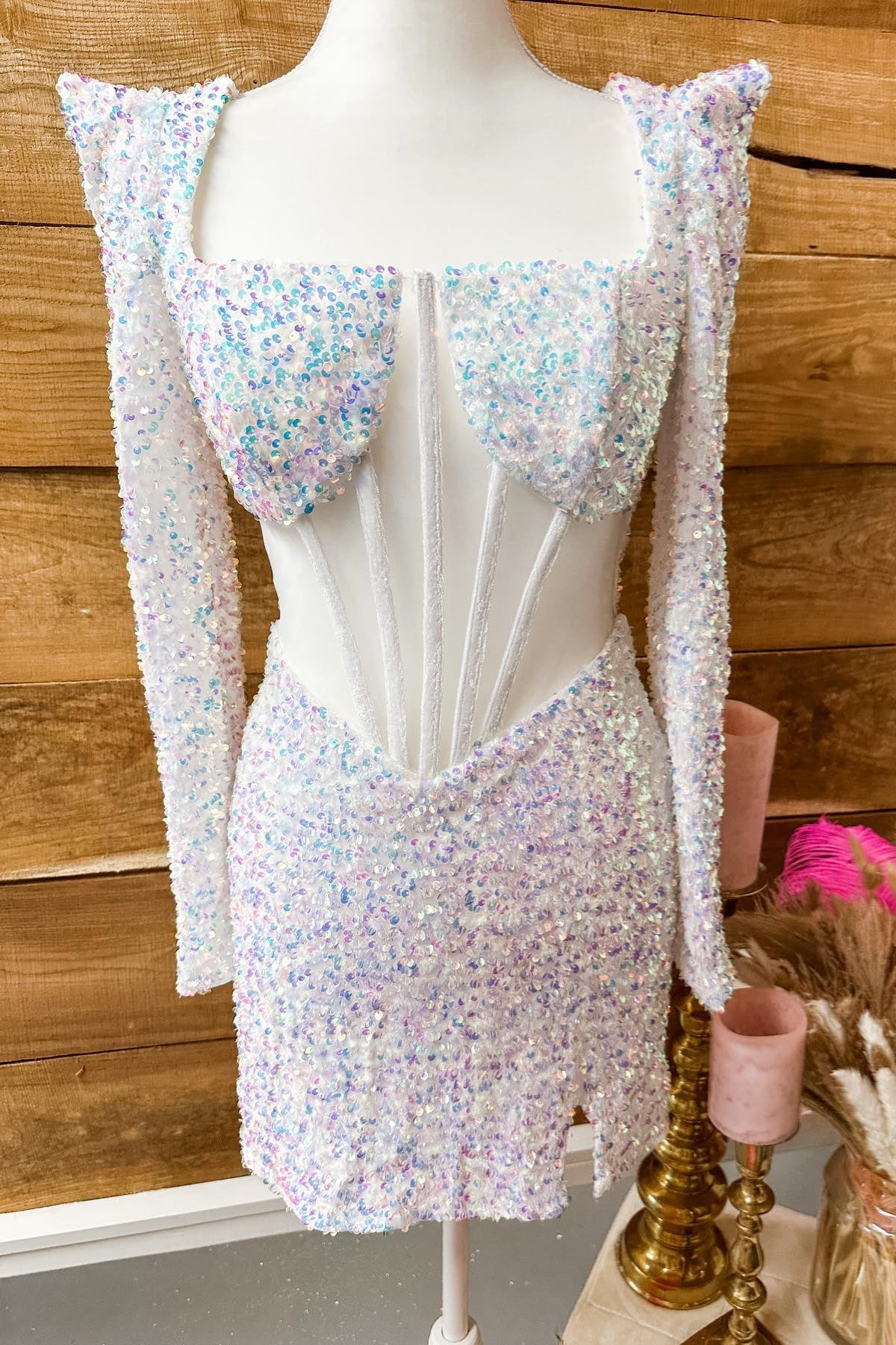 Iridescent White Sequins Long Sleeves Square Neck Homecoming Dress Y26 Simplepromdress Iridescent White Sequins Long Sleeves Square Neck Homecoming Dress Y26 Simplepromdress
