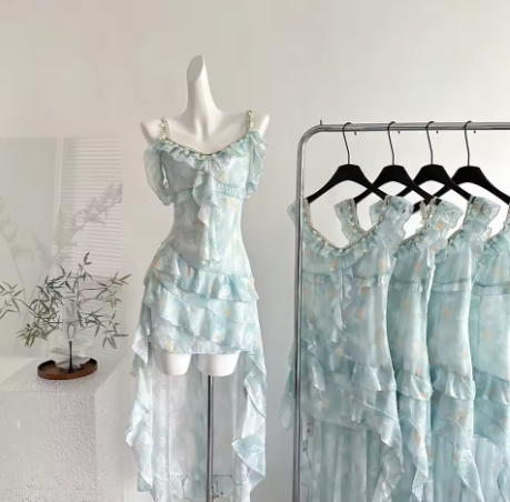 Vintage Chiffon Blue Mini Ruffle Party Dress Prom Gown Y8758