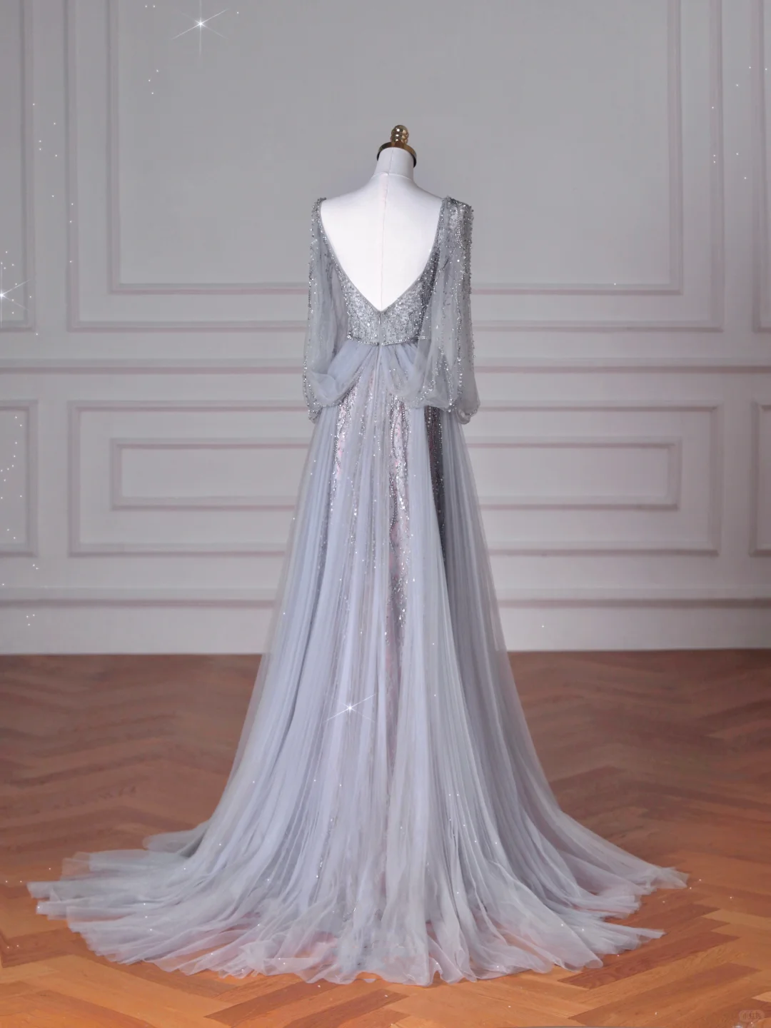 Classy Blue V Neck Sequins Beaded Tulle Prom Dress,A Line Backless Evening Dress Y8644