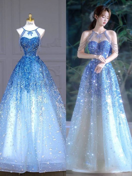 Gorgeous Blue Tulle Sequins Beaded Evening Dress,Shiny Formal Prom Dress Y8352