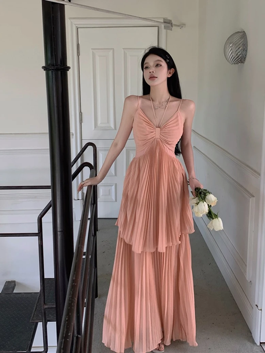 Classy Pink Orange Spaghetti Straps V Neck Chiffon Pleated Layered A Line Long Evening Dress Prom Dress SP2293