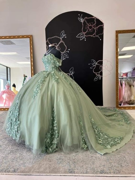 Off The Shoulder Sage Green Lace Appliques Ball Gown,Sweet 16 Dress Y2 Simplepromdress Off The Shoulder Sage Green Lace Appliques Ball Gown,Sweet 16 Dress Y2 Simplepromdress