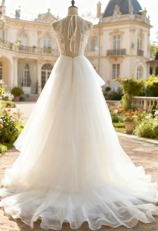 Pretty Halter Sleeveless White Tulle Beaded Long Mermaid Wedding Dress Formal Bridal Dress SP1168