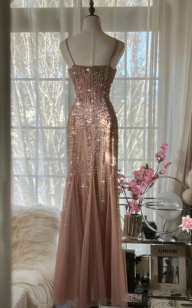 Glitter Blush Pink Spaghetti Straps Mermaid Tulle Sequin Prom Dress Party Dress Y8770