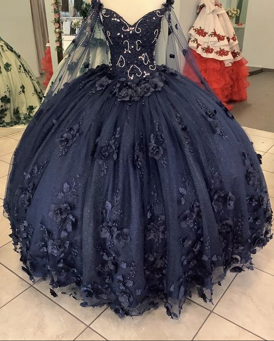Women's Navy Blue Quinceanera Dresses Appliques Beaded Dresses 3D Flow Simplepromdress Women's Navy Blue Quinceanera Dresses Appliques Beaded Dresses 3D Flow Simplepromdress