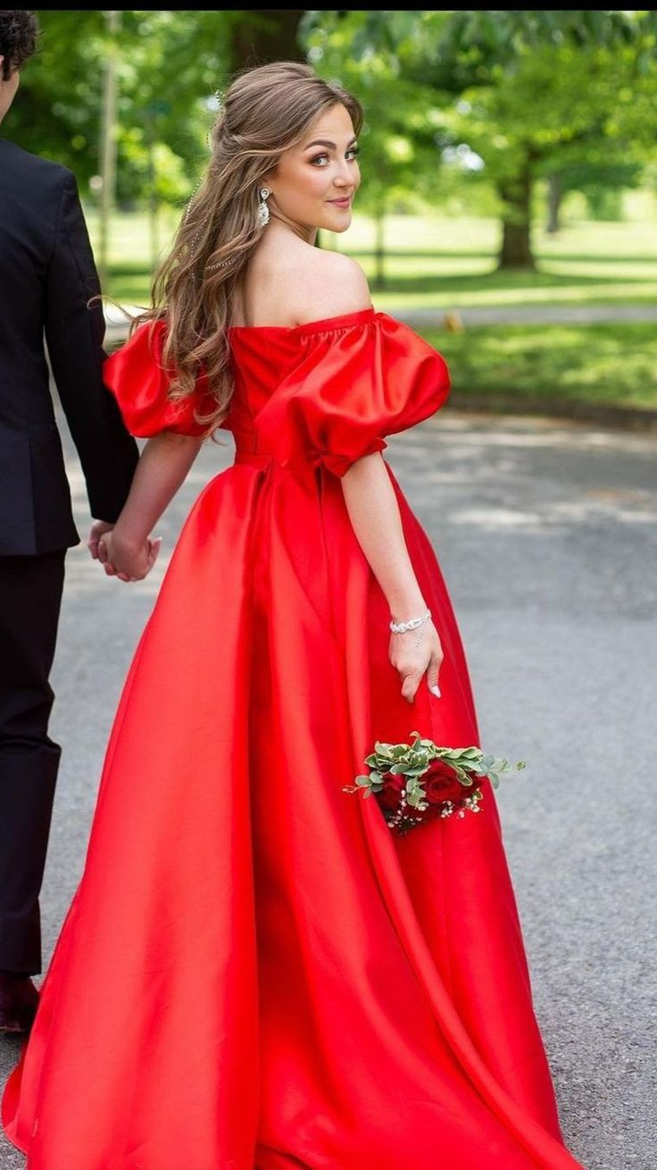 Bubble Sleeve Red A-line Satin Prom Dress,Princess Dress Y5338