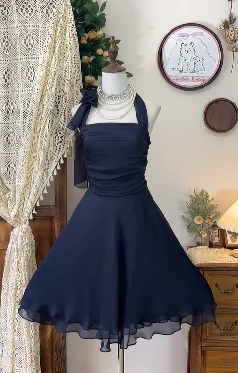 Simple Navy Blue Chiffon A Line Halter Homecoming Dress Cocktail Dress Y8875