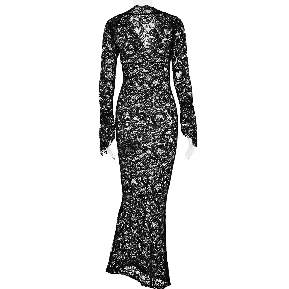 Elegant Lace See Through V-neck Maxi Sexy Dress,White Prom Dress Y4608