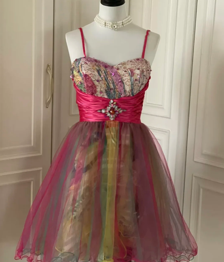 Unique Spaghetti Straps Tulle Sequin Homecoming Dress Cocktail Dress Y9053