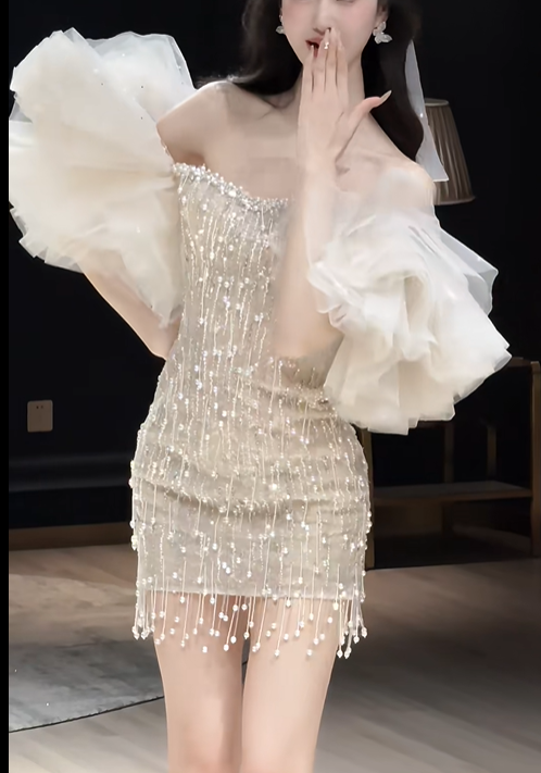 Elegant Strapless Off-White Sequin Beaded Sheath Short Graduation Homecoming Dress 18th Birthday Outfits Y9338