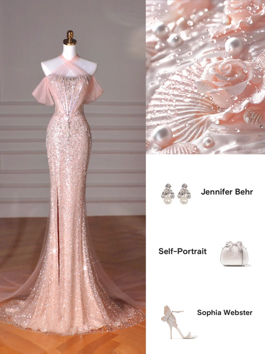 Classy Pink Halter Sequin Beaded Tulle Mermaid Evening Dress Long Prom Dress Y8620