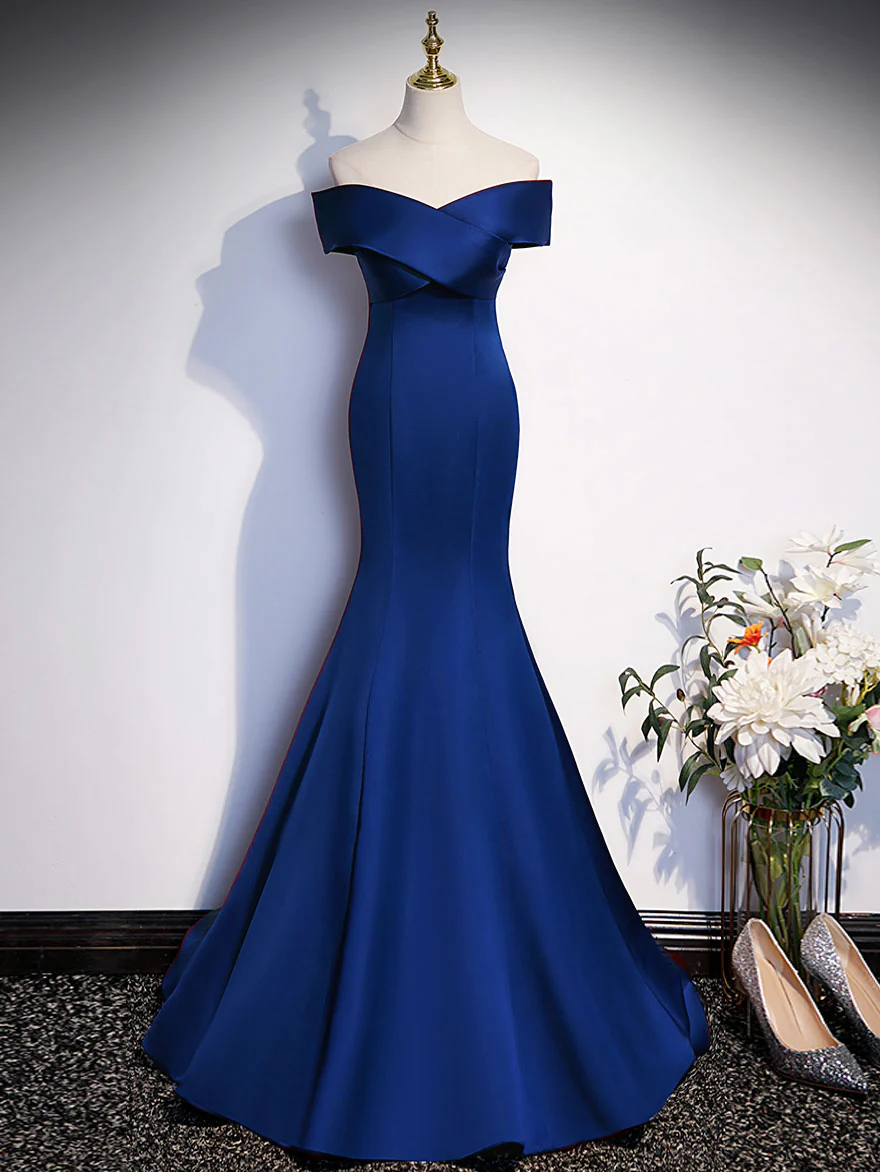 Royal Blue Mermaid Satin Long Prom Dress, Off Shoulder Blue Evening Dress Y7429