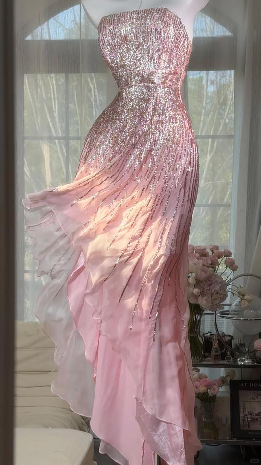 Shiny Strapless Pink Chiffon Sequin Long Evening Dress Birthday Prom Gowns SP2184
