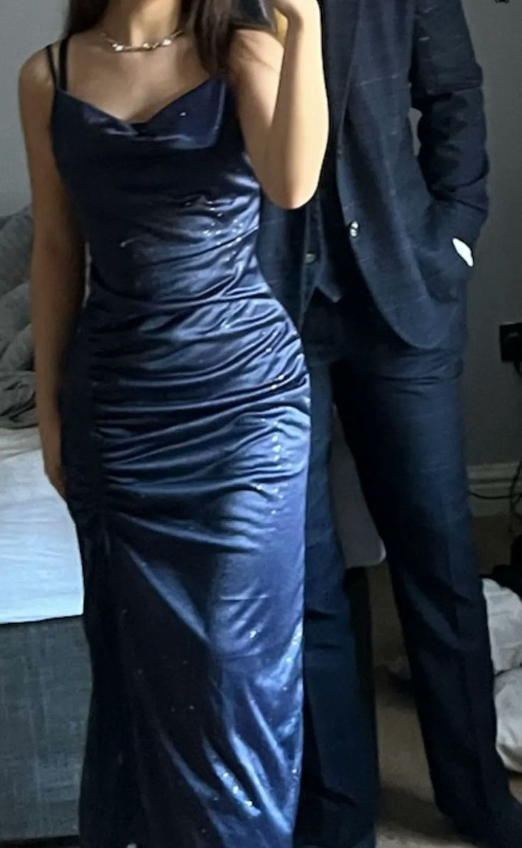 Simple Spaghetti Straps Navy Blue Satin Long Wedding Guest Dress Evening Gown SP1329