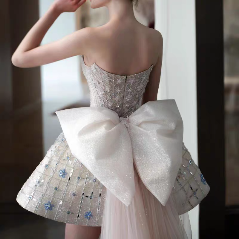 Pretty Strapless Pink Tulle Beaded Mini Birthday Dress Short Homecoming Dress With Bow Y9317
